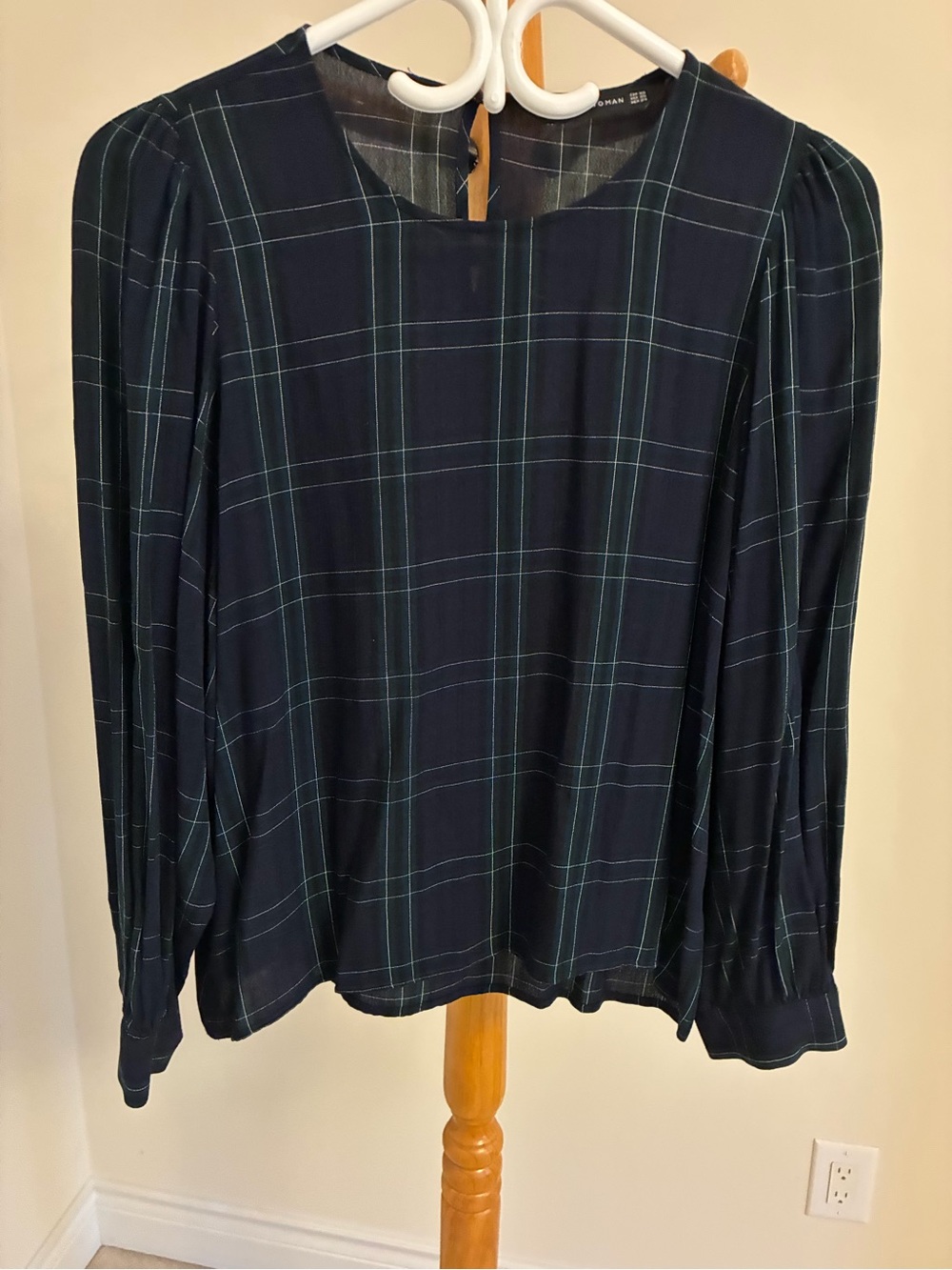 Zara Navy and Green Plaid Long-Sleeve Top